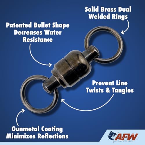 AFW Solid Brass Ball Bearing Fishing Swivels with Double Welded Rings - Patented Bullet Shaped Head for Reduced Water Resistance, Black Finish, Fishing Tackle, Up to 660lb Test