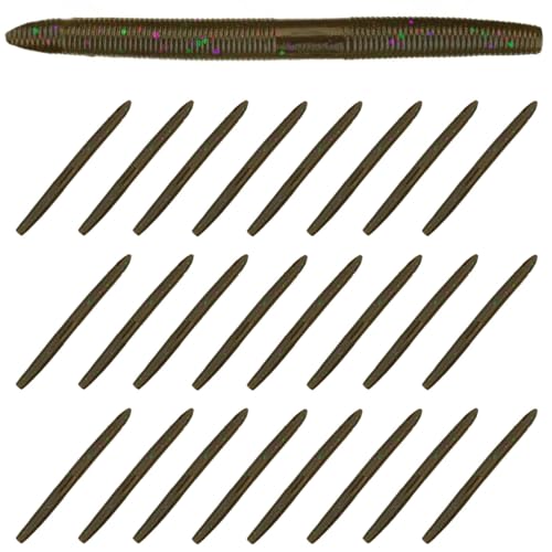 Reaction Tackle Wacky Worms, 5.5 Inch Salt Impregnated Soft Plastic Stick Bait Bass Fishing Lures for Finesse, Wacky, Neko, Texas and Carolina Rigs, 24 Pack - color: Green Pumpkin Multi Flake