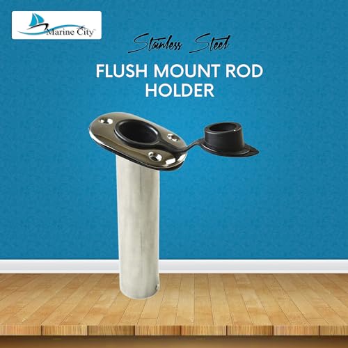 MARINE CITY Heavy Duty Stainless Steel Flush Mount Rod Holder and PVC Liner with Cap and Gasket 15 Degree for Marines – Boats – Yachts – Kayaks (Pack of 1)