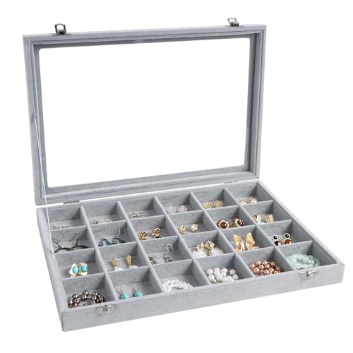 Wudygirl Jewelry Organizer Velvet Jewelry Tray 24 Grid Jewelry Box Earring Holder Organizer Removable Display Case Organizer Glass Top Lid & Lock (24 Grid) - color: Gray, size: 24 Grid