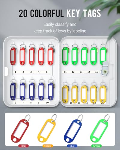 Uniclife 20 Position Key Cabinet with Key Lock Wall Mounted White Security Storage Box Steel Key Organizer with Colorful Key Tag Labels Identifiers Stickers and Hooks - color: White, size: 20-Key