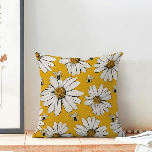 Summer Pillow Covers 16x16 Inch Set of 2 Yellow Background White Floral Bee Throw Pillows Outdoor Decorative Spring Floral Bee Pillowcases Linen Cushion Cases for Bed Sofa Couch - color: Yellow Sunflower Bee, size: 16" x 16" (Pack of 2)