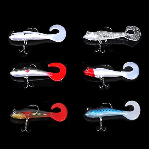Pwsap 6 Pcs Fishing Lures for Pike Trout, Soft Plastic Swimbaits for Sea Bass, 3D Eyes Fishing Lures Set, Single Hook Baits, Artificial Bait, Jig Head, Silicone Swimbait Lures Set for Perch