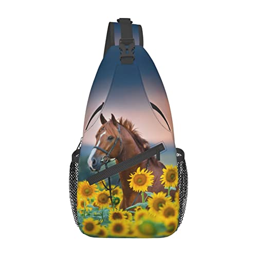 Sunflower Horse Print Sling Bag Crossbody Backpack for Men Women Red Stallion in Bridle Portrait in Sunflowers Chest Bag Casual Sling Shoulder Backpack Travel Hiking Daypack Outdoors - color: Horse in Sunflowers