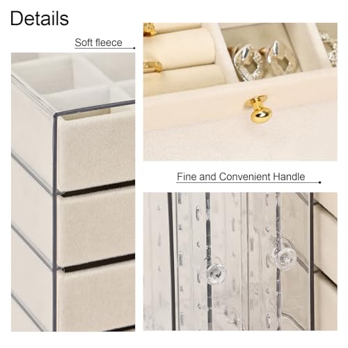 Greenfeather Jewelry Organizer and Storage with 7 Removable Drawers, Clear Acrylic Jewelry Box with 16 Necklace Hooks 48 Pairs of Earring Holes 5 Velvet-Lined Drawers for Rings Bracelets Necklaces - color: Off-White-Style B