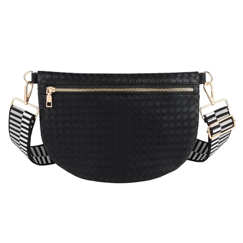 Woven Crossbody Bags for Women Leather Belt Bum Sling Purse Fanny Waist Pack Chest Shoulder Bag for Women-Black - color: Black