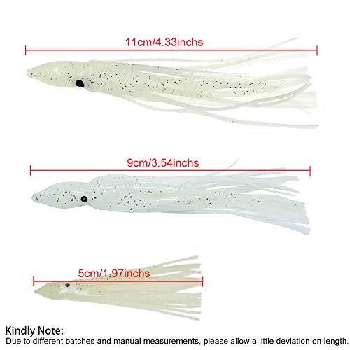 Squid Skirts Fishing Saltwater Glow Trolling Squid Swimbait Lures Luminous Octopus Skirts Soft Plastic Fishing Bait for Bass Salmon Trout 1.96in,3.54in,4.33in Pack of 20 - color: Glow, size: 3.54"