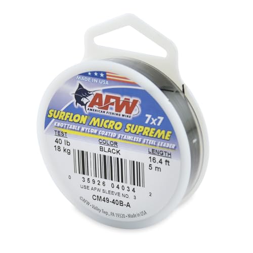 American Fishing Wire Surflon Micro Supreme Nylon Coated 7x7 Stainless Steel Leader Wire - Knottable Wire Leaders for Fishing Saltwater, Fly Fishing, 13lb Test - 90lb Test, Bright, Black & Camo Colors - color: Black, style: 5 Meter, 40 Pound Test