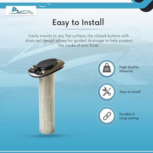 MARINE CITY Heavy Duty Stainless Steel Flush Mount Rod Holder and PVC Liner with Cap and Gasket 15 Degree for Marines – Boats – Yachts – Kayaks (Pack of 1)