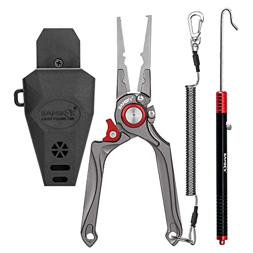 SAMSFX Fishing Pliers, Muti-Function Fly Fishing Tools, 8" Saltwater Resistant Gear Hook Remover Split Ring Tungsten Cutters, with Lanyard & Sheath - color: Red Fishing Pliers with Dehooker