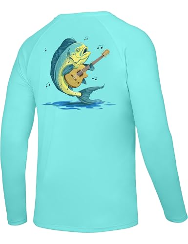 Men's UPF 50+ Sun Fishing Shirt, Long Sleeve UV Protection Tee, Quick Dry Rash Guard for Outdoor Swim Hiking - color: Aqua Blue (Mahi Guitar), size: Small