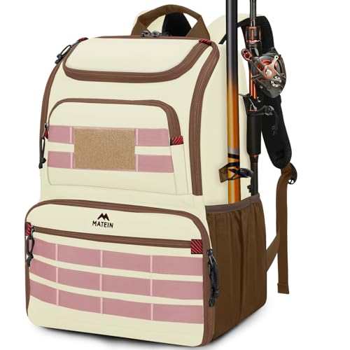 MATEIN Fishing Backpack Tackle Box, Water Resistant Tackle Backpack with Cooler & Rod Holders, Fishing Gifts for Men - color: Beige & Brown & Pink