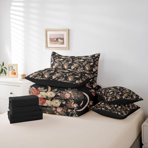 Erosebridal Opossum Comforter Set with Sheets King Size Rosy Animal 7-Piece Bedding Set for Kids Boys Girls Floral Garden Natural Romantic Wildlife Beige Black Pink Lightweight Bed in A Bag - color: Beige Black Pink, size: King