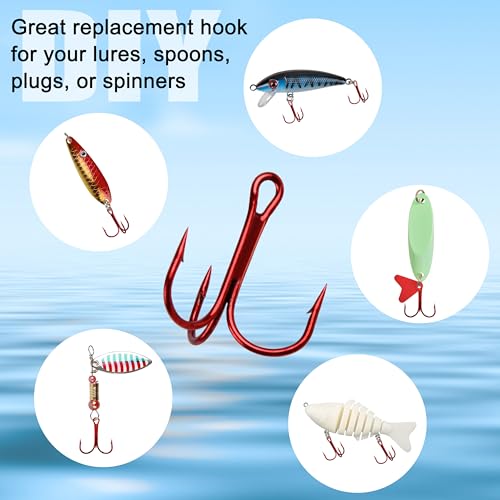 Fishing Treble Hooks - Sharp Strong Red Treble Fishing Hooks High Carbon Steel Triple Hooks Round Bend Barbed Fish Hook for Saltwater Freshwater Size #14-1/0 - size: 60pcs-4#