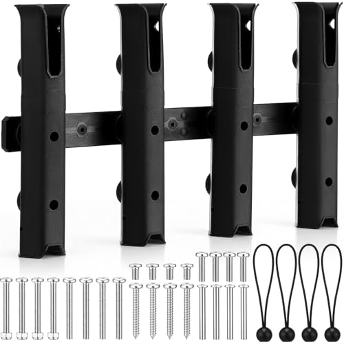 Adjustable Fishing Rod Holders for Golf Cart 4 Tube Wall Mounted Fishing Rod Holders for Boat, Bike, Garage, Kayak, Crate, Wagon & Rv, with Mounting Screws and Elastic Cords - color: Black