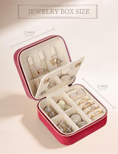 MFXIP Plush Velvet Travel Jewelry Case Small Jewelry Box Jewelry Organizer Storage Case Portable Jewelry Travel Case for Girls Womens Earring, Necklace, Rings,Bracelets with Mirror - color: Burgundy