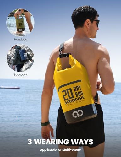 Lamicall Waterproof Dry Bag with Phone Pouch - 5L/10L/20L/30L/40L Floating Roll Top Backpack for Kayaking Boating Beach Camping Fishing - Heavy Duty 500D PVC Marine Dry Sack for Men,Women, Yellow 40L - color: Lemon Yellow, size: 40L