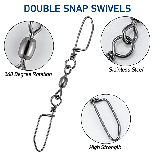 Dr.Fish 20 Pack Double Snap Swivels, High Strength Crane Barrel Swivels Coastlock Snaps Stainless Rust Resistant Saltwater Connector Trolling Planer Board Line Release Clips - size: #4*#2(Snap)-77LB