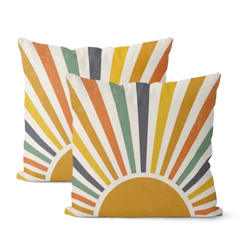 Summer Pillow Covers 16x16 Inch 2 Pcs Boho Mustard Yellow Sunshine Outdoor Decor Throw Pillows Stripes Rainbow Sun Farmhouse Holiday Decoration Pillowcase Linen Cushion Cover for Couch Sofa Bed - color: Boho Sun 01, size: 16" x 16" (Pack of 2)