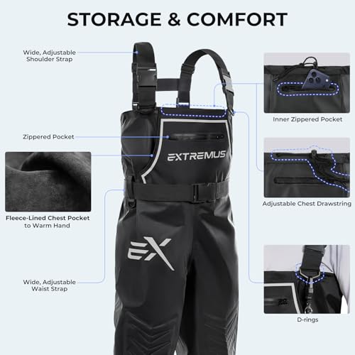 Extremus MarshPro Fishing Waders for Men, 100% Waterproof PVC Chest Waders with Slip-Resistant Boots - color: Black, size: 5