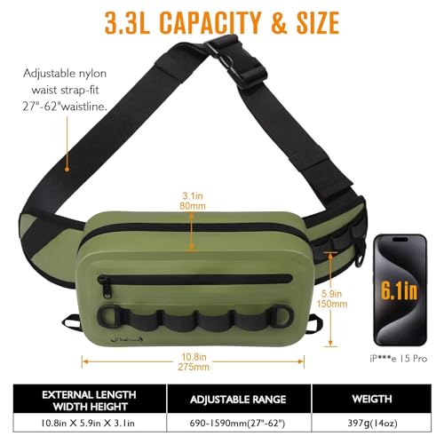 Dovesun Waterproof Fishing Fanny Pack for Men 3.3L Fly Fishing Bag Chest Pack with Airtight Zipper - color: Green