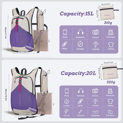 BECOJADDE 15L Small Hiking Backpack for Men Women Foldable Packable Back Pack Ultralight Hiking Daypack for Travel Camping Outdoor, Beige Purple - color: Beige Purple, size: 15L