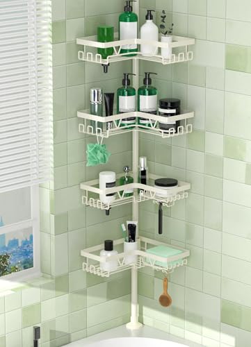 DAOYA Corner Shower Caddy Tension Pole, 4-Tier Adjustable Corner Shower Caddy with Soap Dish & Razor Holder, Stainless Steel Tension Pole Shelf Fits Bathtub & Floor 25-114.2 inches(Off-white) - color: Off-white