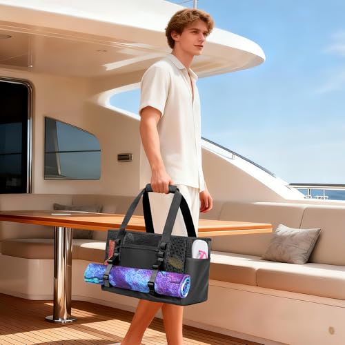 Yarwo Boat Gear Tote Bag, 35.5L Waterproof Boat Accessories Organizer with Marine-grade Coated Mesh and Wet Dry Pockets - color: Black