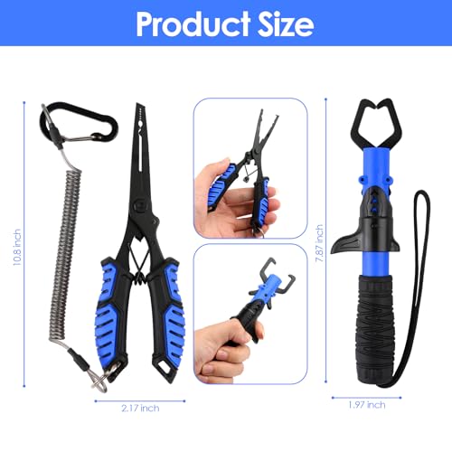 mouhike Fishing Pliers Fish Lip Gripper Fishing Tool Kit Muti-Function Saltwater Fishing Line Cutter Hook Remover with Sheath Lanyard, Fly Ice Fishing Gear Fishing Gifts for Men Women - color: Blue & Black