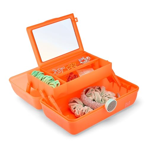Caboodles On-The-Go Girl Makeup Box, Orange Shimmer, Show Girl Collection, Hard Plastic Makeup Organizer Box, Built-In Mirror, Secure Latch for Safe Travel, Spacious Storage for Large Items - color: Orange Shimmer Show Girl