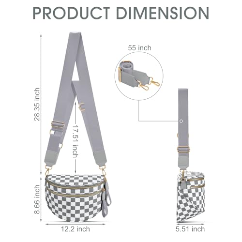 Checkered Nylon Crossbody Bag Bum Bag for Women Mom Large Checkered Fanny Packs with Adjustable Strap - color: Light Grey Checkered