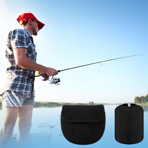 2 Pcs Black Spinning Reel Cover Fishing Reel Case Bag Gloves and 2 Pcs Black L Size Rubber Neoprene Protective Cover Soft Adjustable Case Pouch Sleeve Gloves Fits 2000-3000 Size