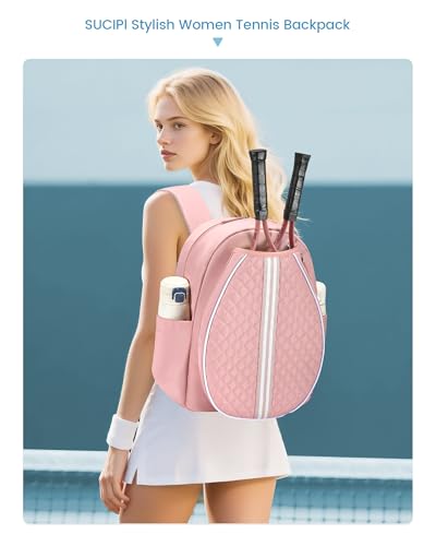 Sucipi Tennis Bag, Quilted Tennis Sling Crossbody Backpack, Water Resistant Tennis Racket Bags for Women Men, Suitable for Pickleball Tennis Badminton - color: Pink, size: Large