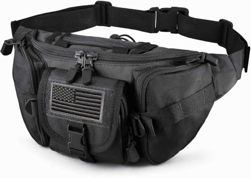 SOWHUP Tactical Fanny Pack,Military Waist Bag Pack with U.S Patch Utility Hip Belt Bumbag for Outdoor Fishing Hiking (Black(5 Zipper Pockets)) - color: Black(5 Zipper Pockets)