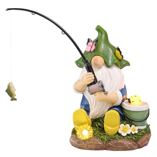 TERESA'S COLLECTIONS Resin Outdoor Statue with Solar Outdoor Lights for Garden Decor,Christmas Garden Gnome Fishing for Outside Yard Porch Patio Lawn,Ideal Gift for Women and Man 8.9" - size: Large