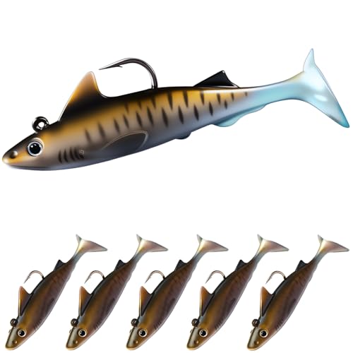 Pristis 6 pcs Sharkita Jig Head Soft Fishing Lures, Plastic Pre-Rigged Paddle Tail Shark Shad Swimbaits, Durable Sinking Worm Bait Set Gear Kit for Saltwater Freshwater Bass Crappie Walleye Trout - color: Tiger Shark