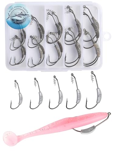 25 Pcs/Box Weighted Swimbait Hooks, Weighted Fishing Hooks Saltwater Worm Weedless Hooks for Bass Fishing Mixed 5 Size 1/0 2/0 3/0 4/0 5/0