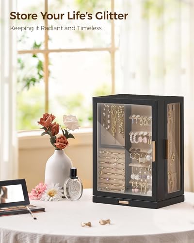 Glimmloop 360° Rotating Jewelry Box with 7 Drawers, Spacious Vertical Jewelry Organizer with Glass Window, Jewelry Storage Case, Dustproof & Moisture-resistant Design, Black - color: Black, size: 7 Drawers (6.2"D x 9.2"W x 12.7"H)