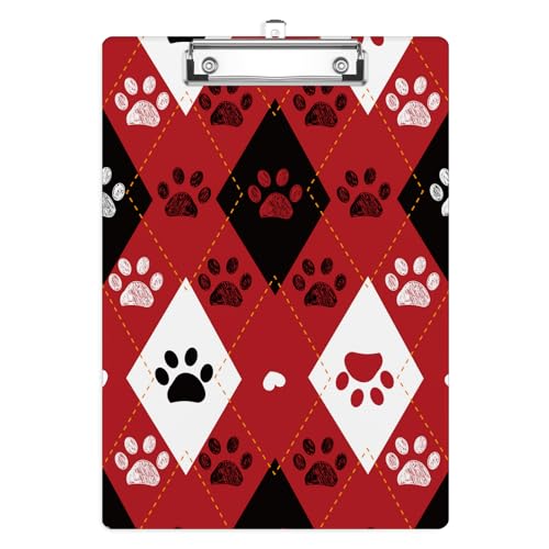 Black and Red Paw Prints Clipboard, Valentine's Plaid Pattern Decorative Clip Board with Metal Clip Cute Plastic Clipboards A4 Standard Size 8.5" x 12.5" for Nurses, Students, Office - color: Black Red Paw