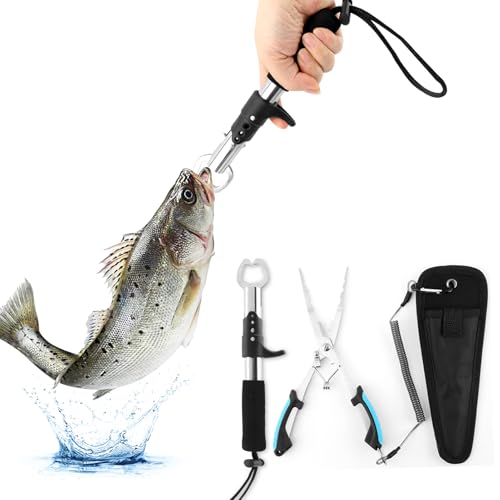 Stainless Steel Fishing Pliers and Fish Gripper Set with Sheath & Lanyard - Multifunctional Fishing Tool Kit for Saltwater Freshwater, Hook Remover, Line Cutter, Crimping - color: Blue