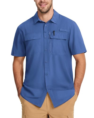 MAGCOMSEN Men's Fishing Shirts UPF 50+ Short Sleeve Sun Protection Shirts Quick Dry Cooling Button Down Shirt Hiking Safari - color: Blue Grey, size: Medium