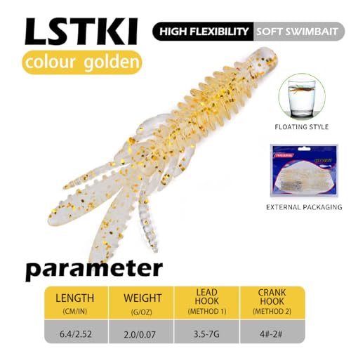 10 Pcs Soft Swimbait Lures, 6.4cm/2.5in Shrimp Shape Soft Plastic Fishing Lures Kit, Bass Fishing Lure Swim Baits with 5 Color, for Fishing Trout, Crappie, Bass, Redfish, Freshwater, Saltwater - color: Gold, size: 2.5 inch