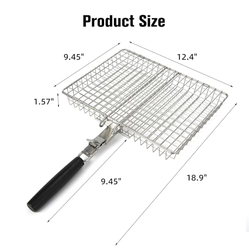 Grill Basket for Outdoor with Removable Handle,Stainless Steel BBQ Camping Cooking Accessories Tools for Meat Steak Fish Vegetable Shrimp, Gifts for Men Dad Husband