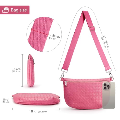 KALIDI Woven Crossbody Bags for Women Travel Vegan Leather Fanny Packs for Woman Cross Body Purse Fashion Belt Bum Bag with Wide Strap - color: Pink