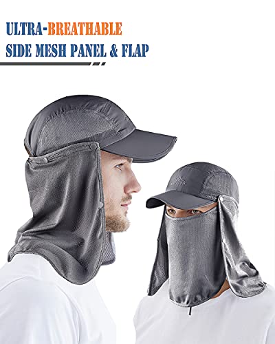 Outdoor Sun Hat for Men Women UPF 50+ Fishing UV Hat with Neck Flap Face Cover for Sun Protection - color: Grey-regular Brim