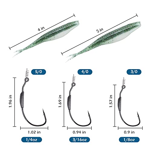 Fishing Bait Soft Plastic Lures 30/50 Pcs, Weighted Hooks 10 Pack & 40-Piece Set, 4in/5in Salty Split Tail Jerk Shad, 3/0 4/0 5/0 Weedless Swimbait Hook for Bass Fishing - color: Set C, size: 4inch&5inch Fishing Bait, 3/0&4/0&5/0-Hook