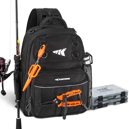 KastKing BaitSpace Fishing Sling Bag, Fishing Backpack with Rod & Beverage Holder, Tackle Bag for Fishing Gear - color: H: Black - with (2) 3600 tackle boxes, size: Large