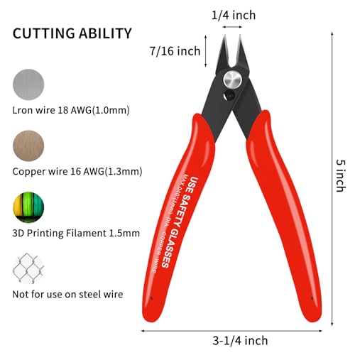 HongWay 5pcs Wire Cutters, Micro Flush Cutters with Spring, Wire Cutting Pliers, Wire Snips for Electronics Soft Copper Jewelry Making, 5-inches, Red - color: Red
