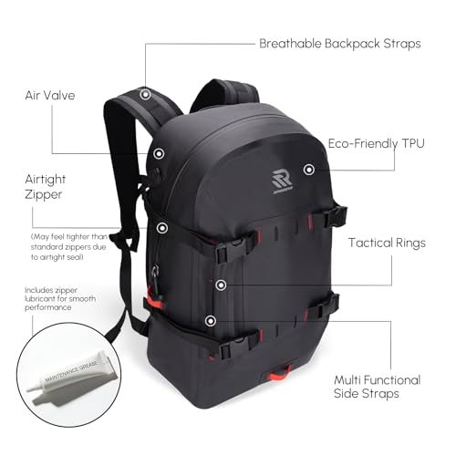 Premium IPX7 Airtight Waterproof Backpack for Kayaking Black | Boating, Paddle Boarding, Fishing, 30L with Resin Zipper, Rugged Gear Protection Submersible Backpack, Water Sports, Surfing - color: Black