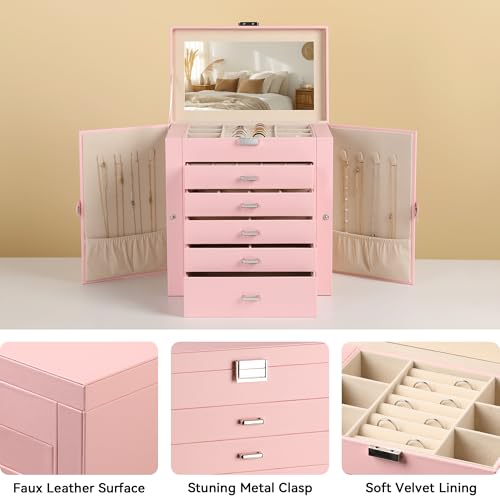 Frebeauty Large Jewelry Box,6-Tier PU Leather Jewelry Organizer,Multi-functional Storage Case with Mirror,Accessories Holder with 5 Drawers for Necklace Bracelets Watches(Pink) - color: Pink, size: Large